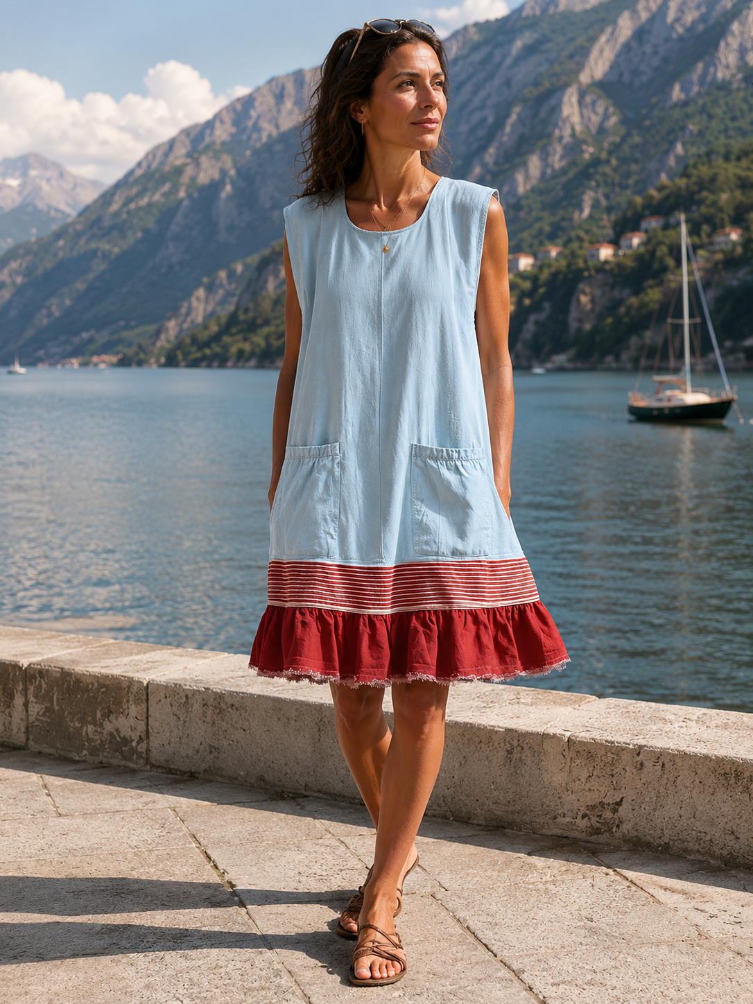 Robe tunique femme sans manches avec poches et ourlet froncé