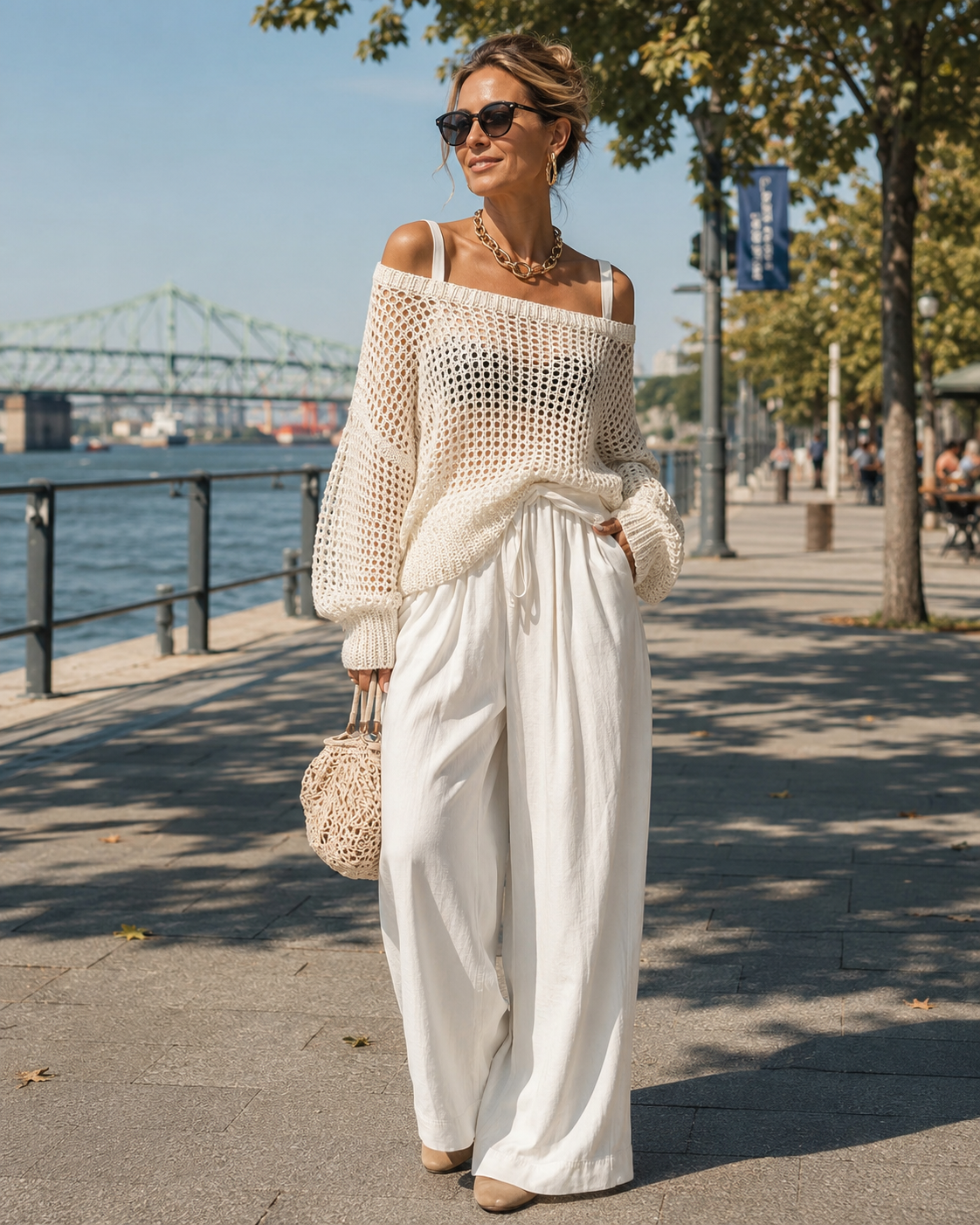 Ensemble femme deux pièces avec pull ajouré et pantalon large