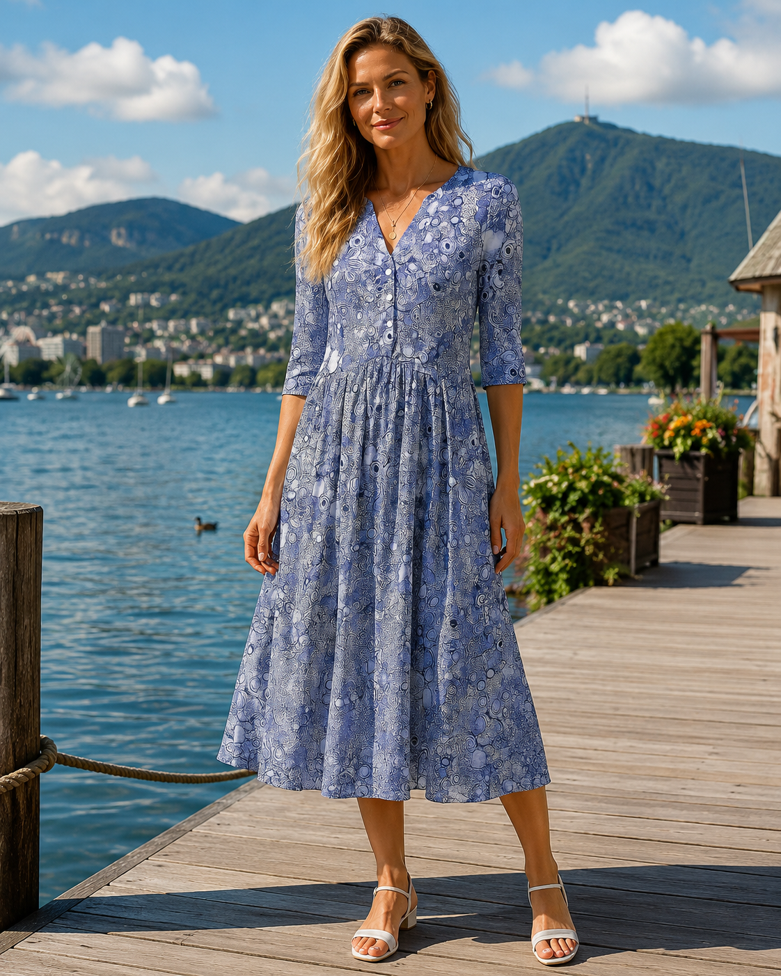 Robe midi femme imprimée à col V et manches trois-quarts