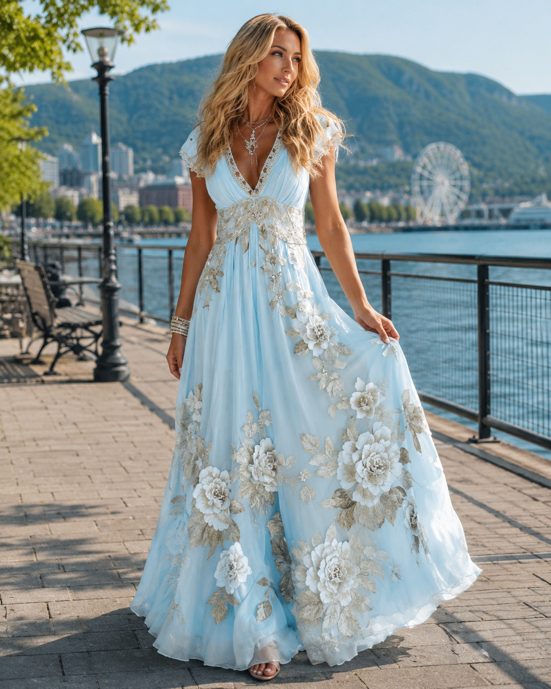 Robe longue femme en chiffon avec broderies florales