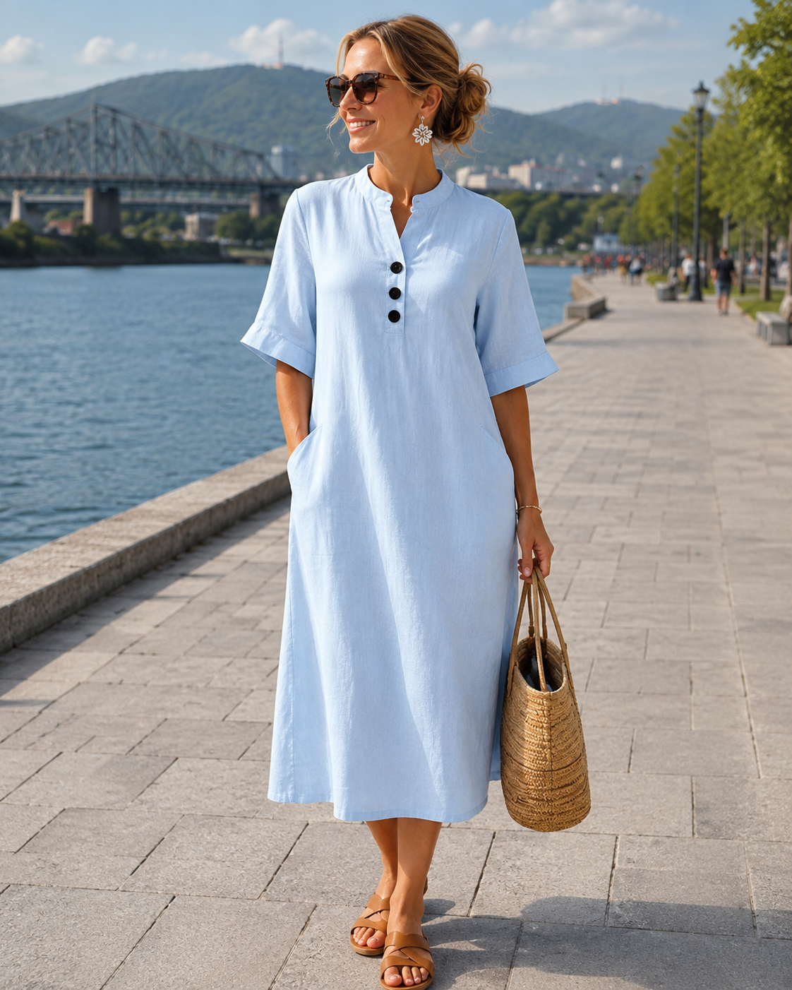 Robe midi femme coton-lin avec boutons et poches