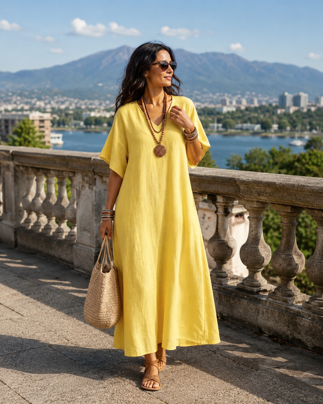 Robe longue femme coton lin à col V et coupe ample