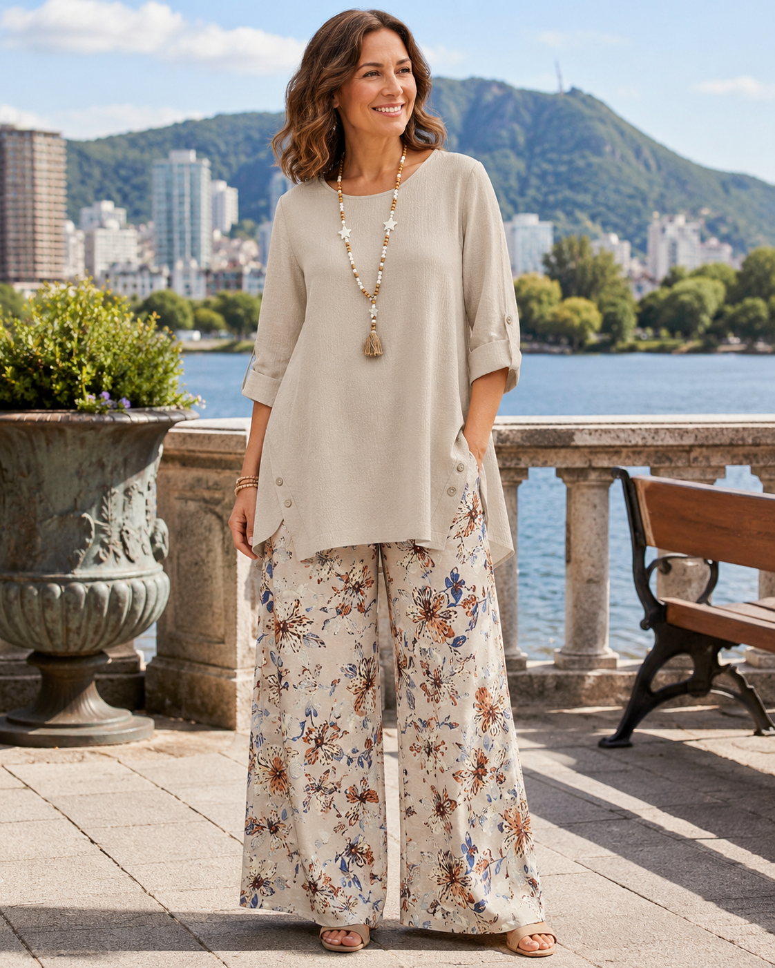 Ensemble deux pièces femme coton lin avec pantalon floral
