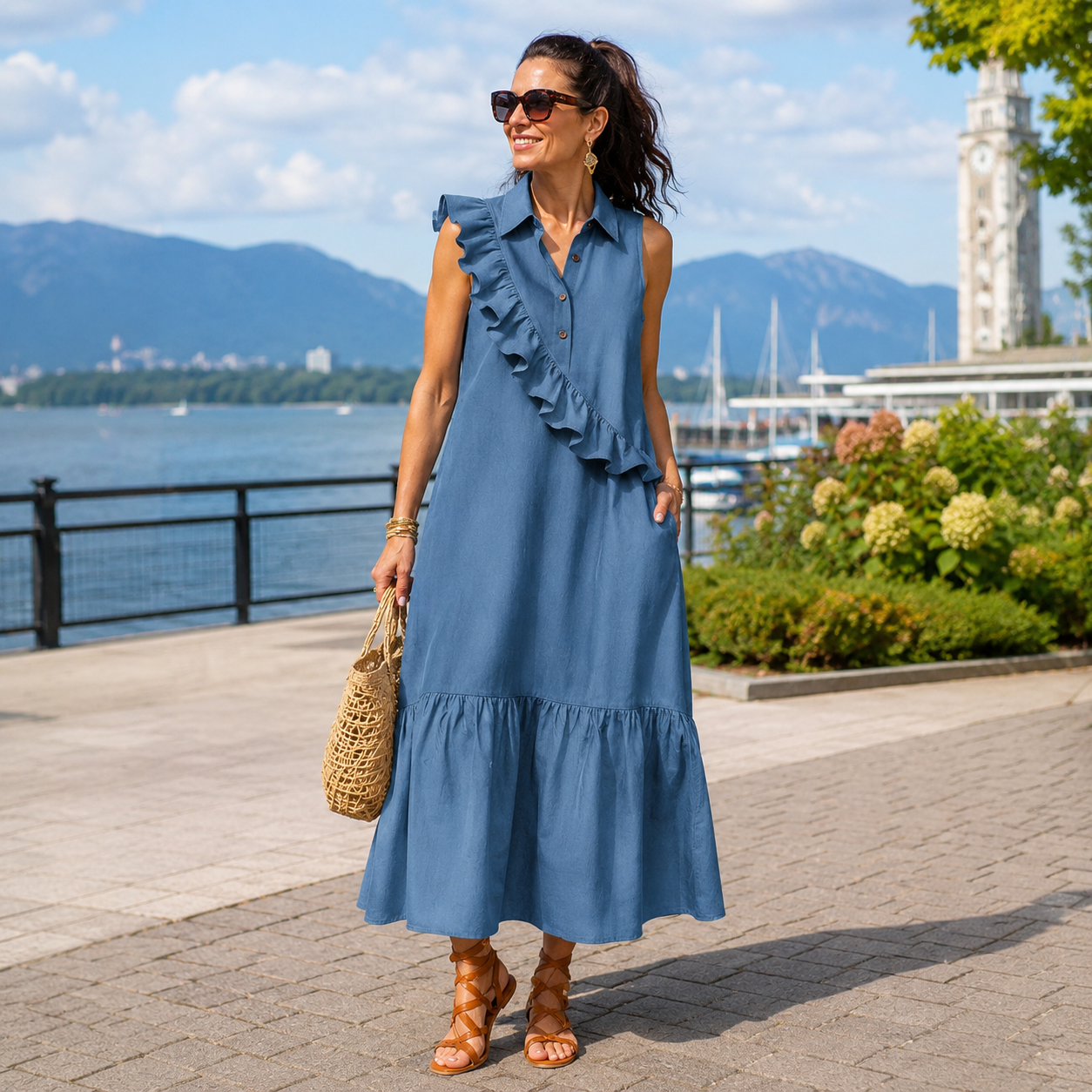 Robe longue femme à volants asymétriques et col polo