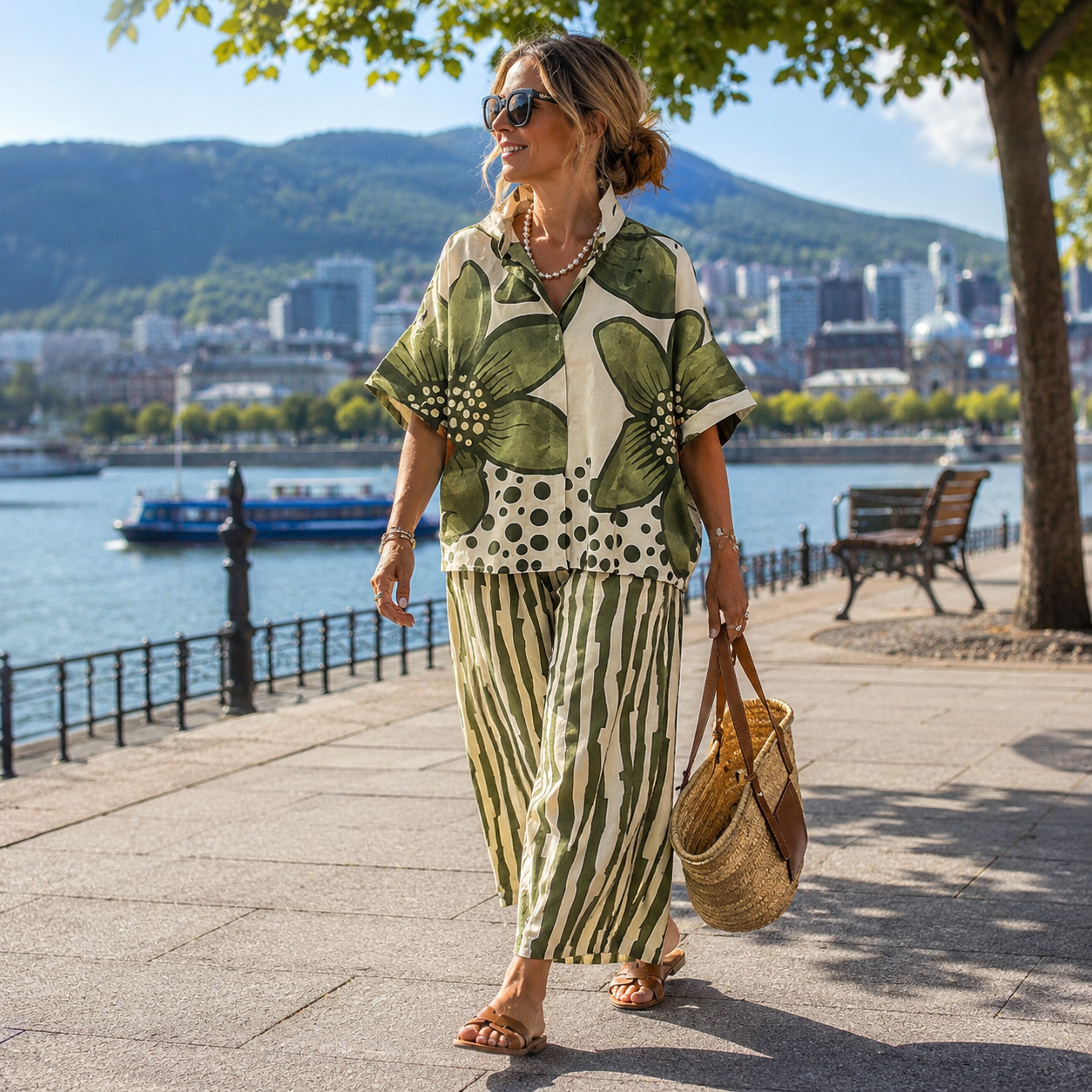 Ensemble deux pièces femme à haut botanique et pantalon rayé