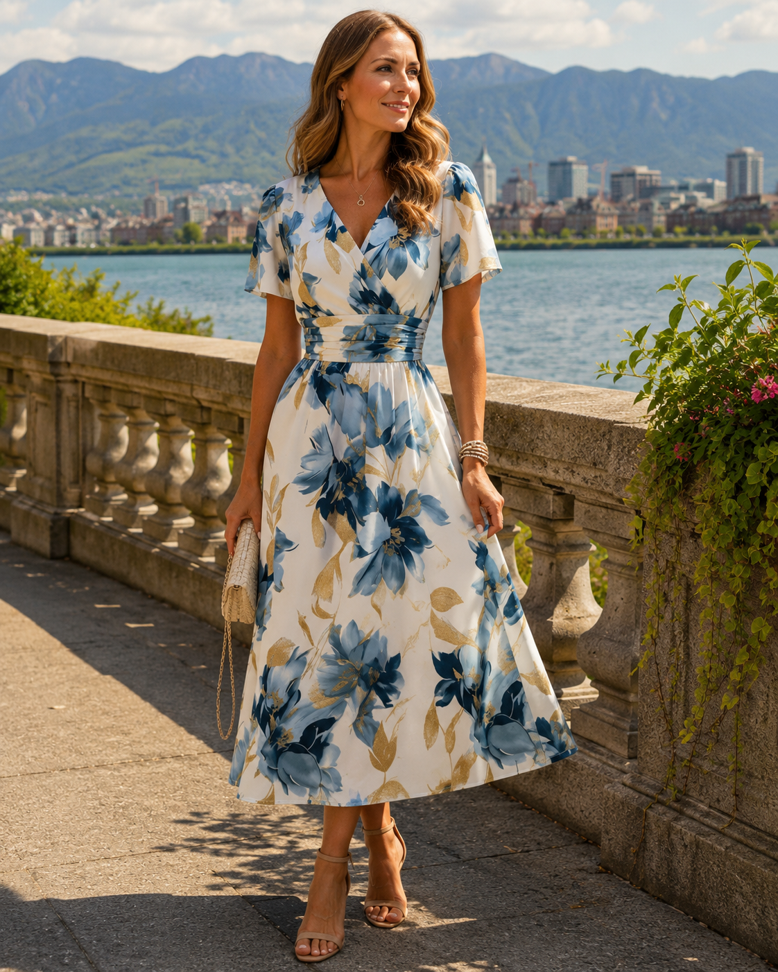 Robe midi femme cache-cœur à imprimé floral bleu