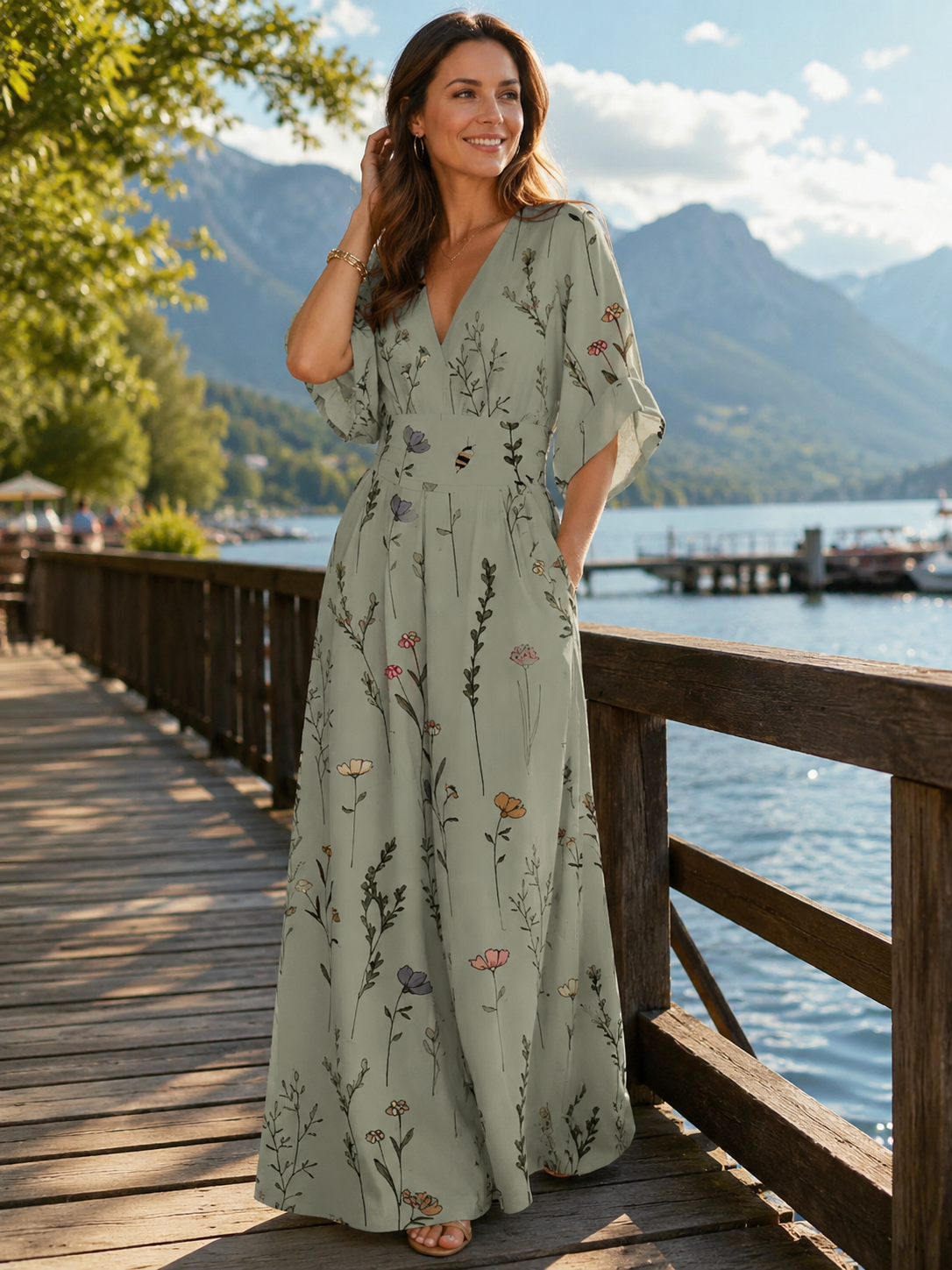 Combinaison femme fleurie à col V et taille marquée