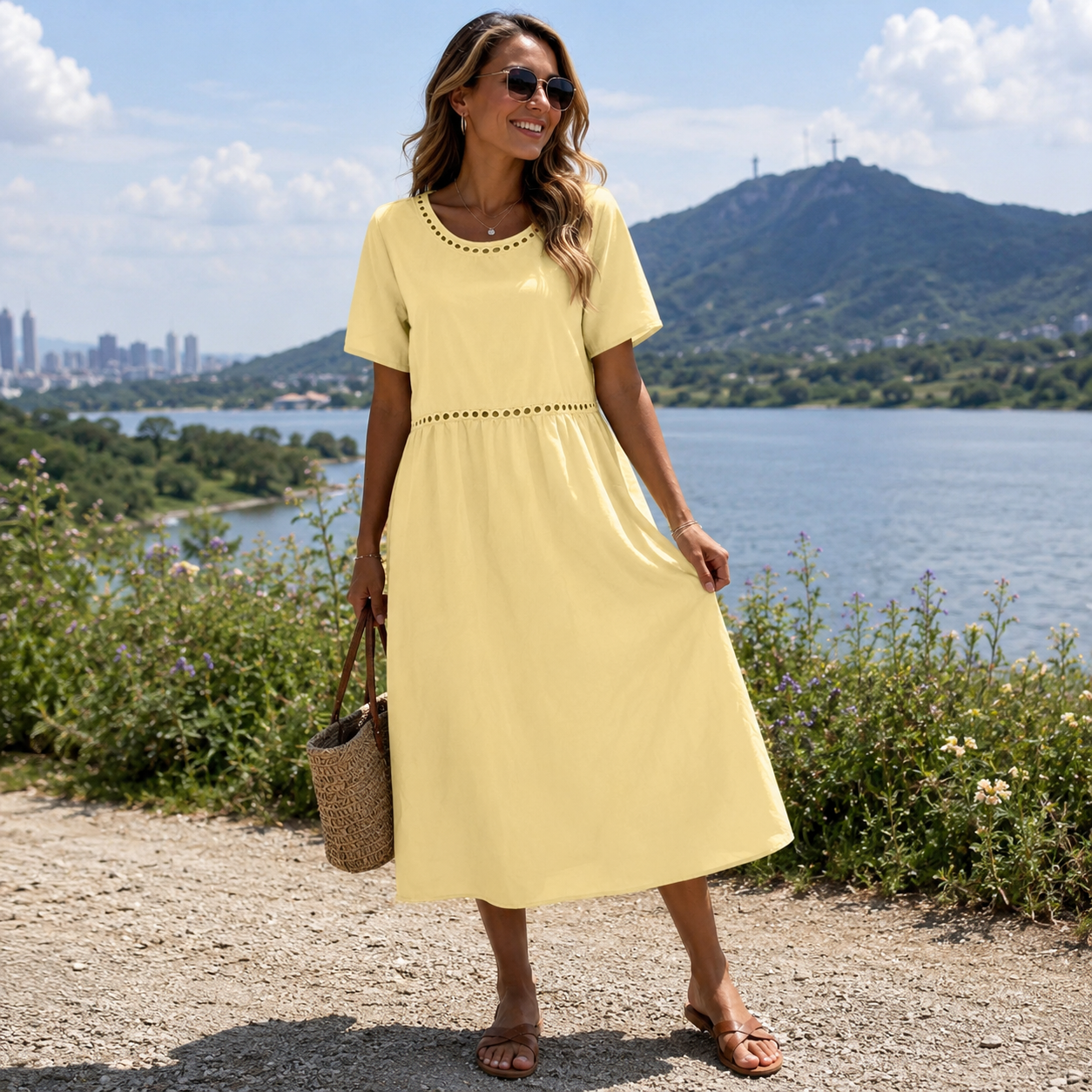 Robe longue femme coton mélangé à détails ajourés