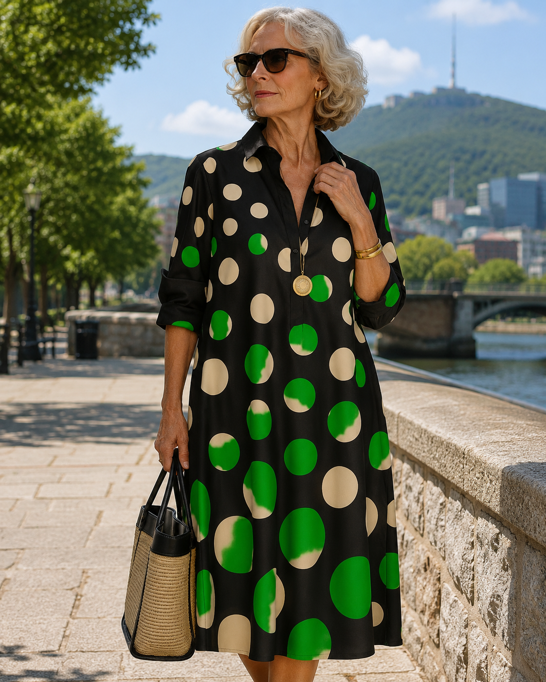 Robe femme midi à pois contrastés avec col chemise