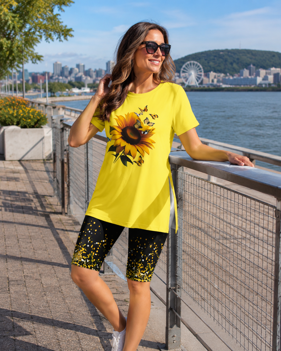 Ensemble femme à imprimé tournesol avec tunique longue et short
