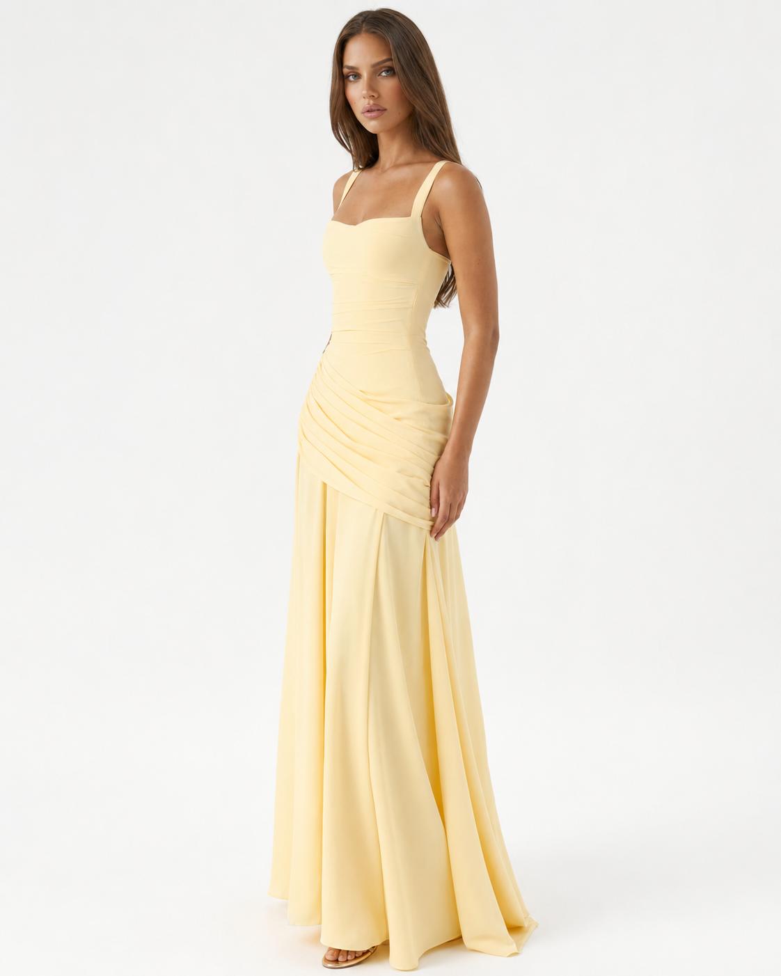Robe maxi femme col carré froncé avec laçage au dos