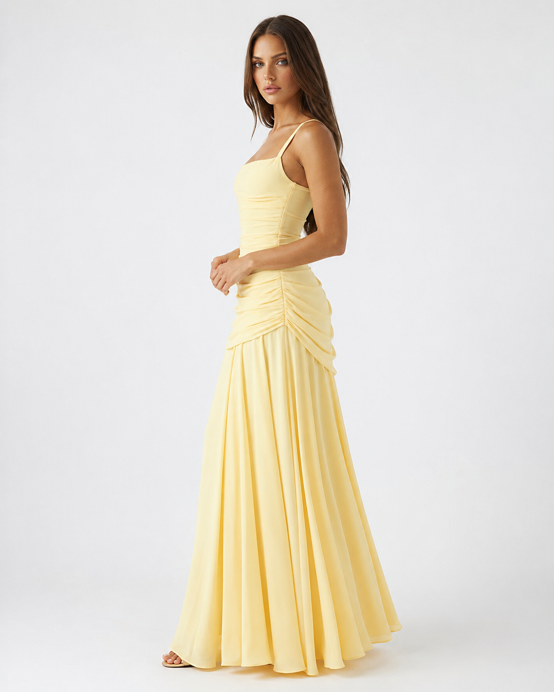 Robe maxi femme col carré froncé avec laçage au dos