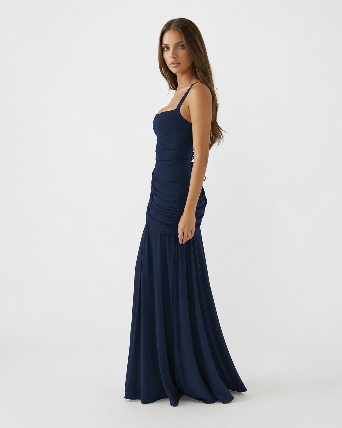 Robe maxi femme col carré froncé avec laçage au dos