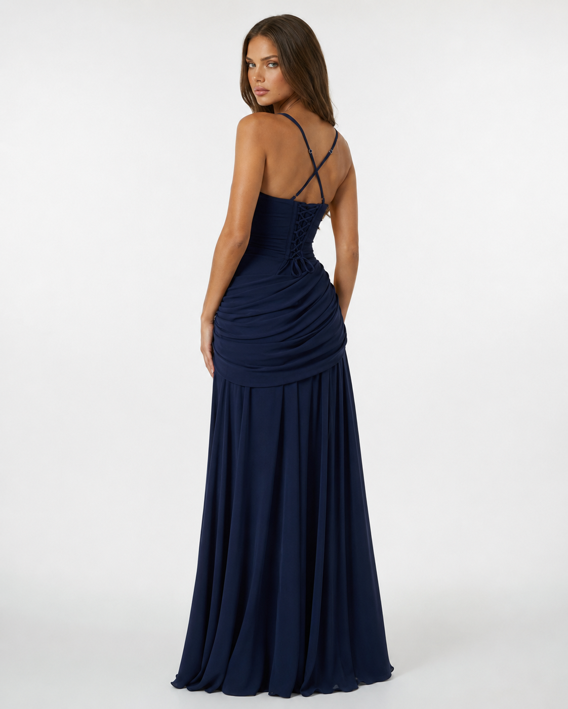 Robe maxi femme col carré froncé avec laçage au dos