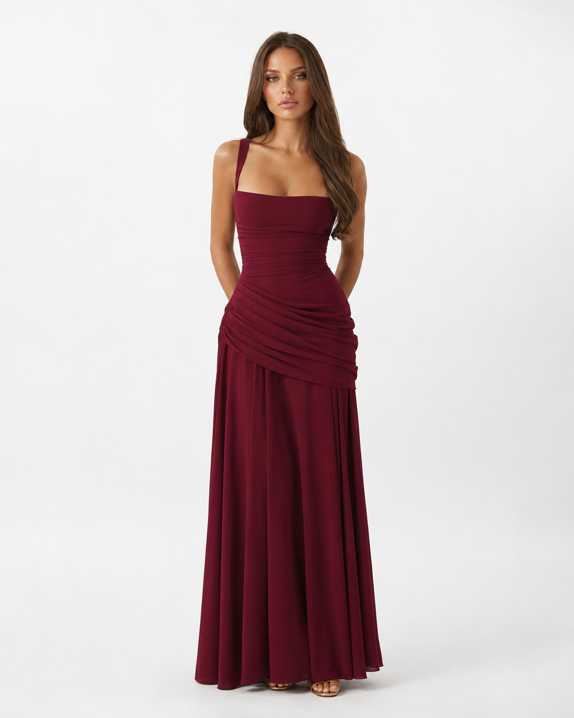 Robe maxi femme col carré froncé avec laçage au dos