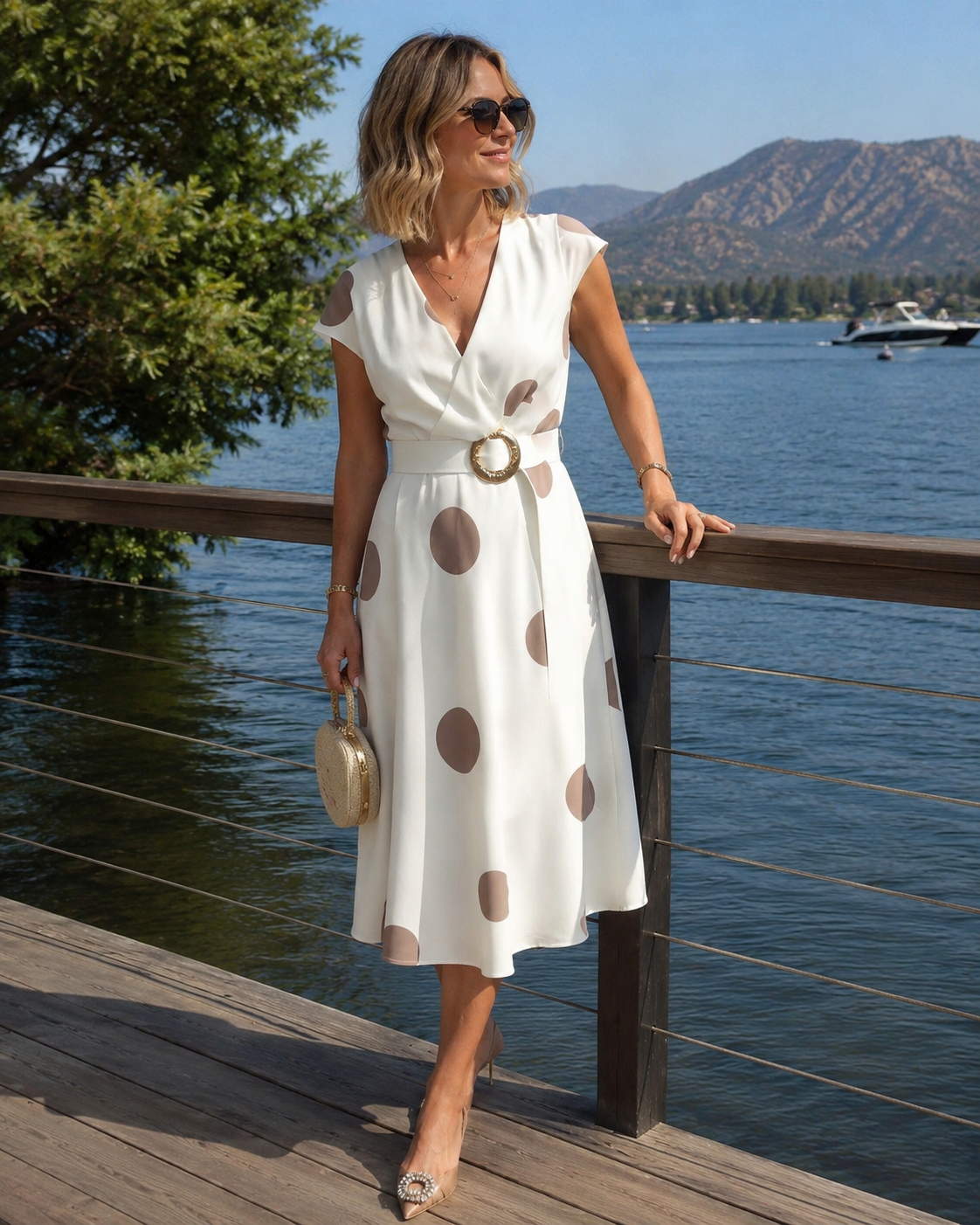 Robe femme à pois avec col V croisé et taille ceinturée