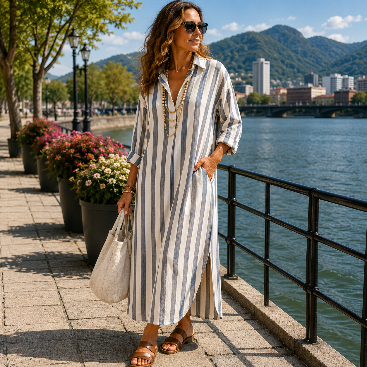 Robe chemise femme à rayures verticales et coupe fluide décontractée