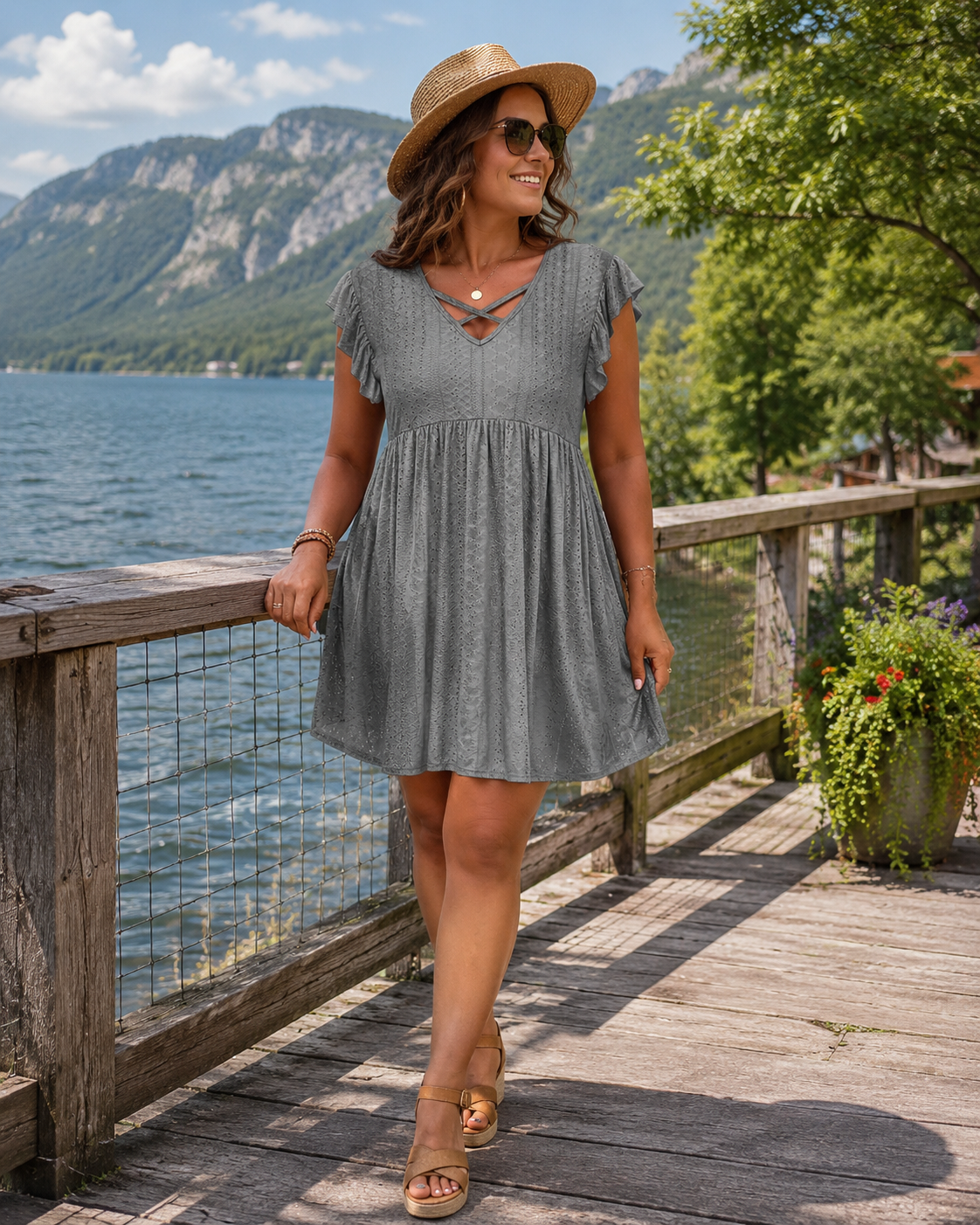 Robe grise pour femmes avec décolleté découpé et manches volantées