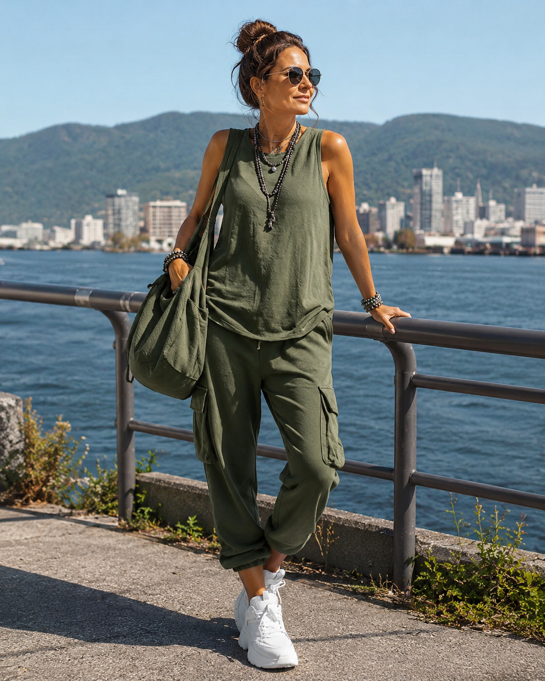 Ensemble femme décontracté avec top sans manches et pantalon cargo