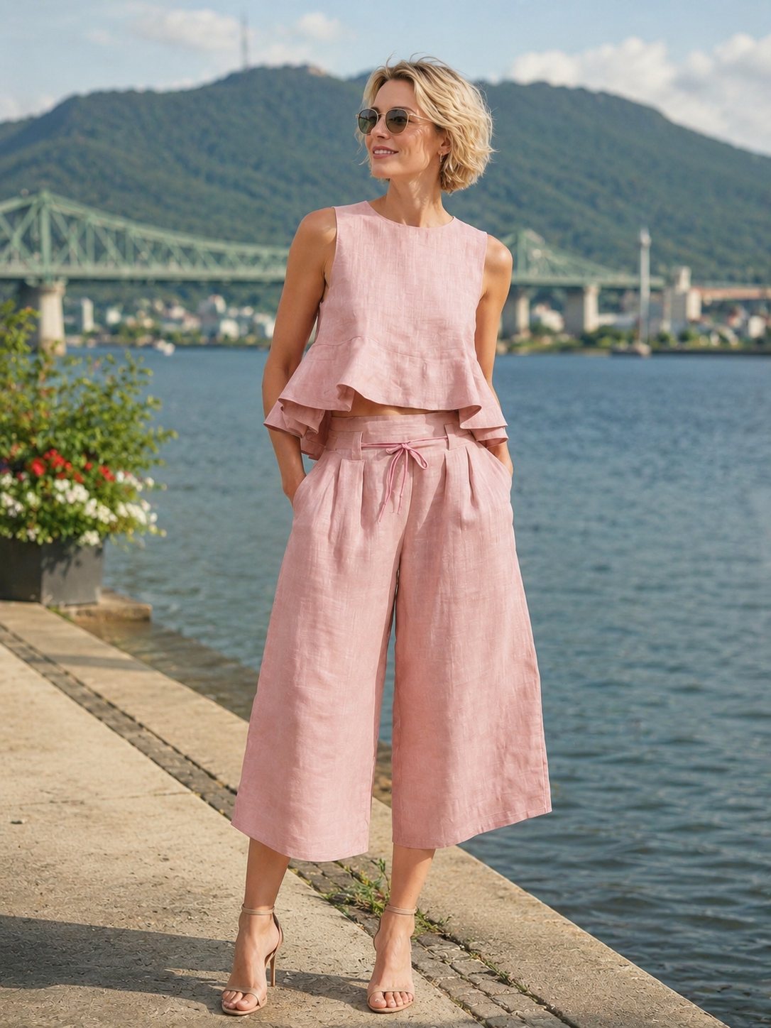 Ensemble femme deux pièces avec haut volanté et pantalon large