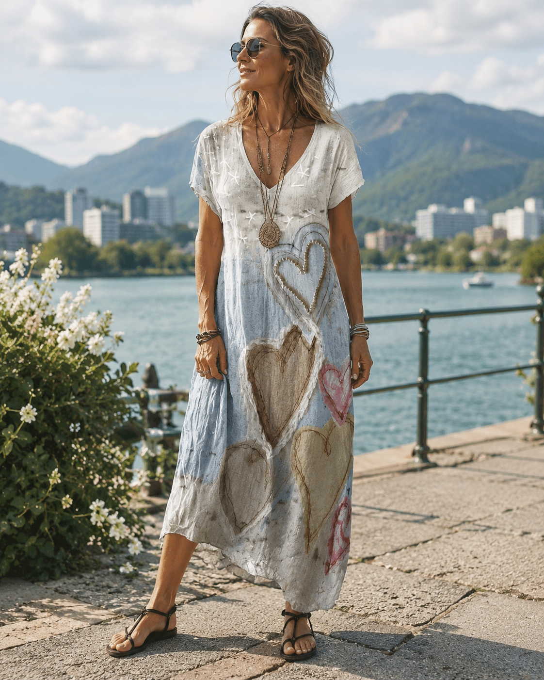 Robe midi femme vintage à imprimé cœurs et col V