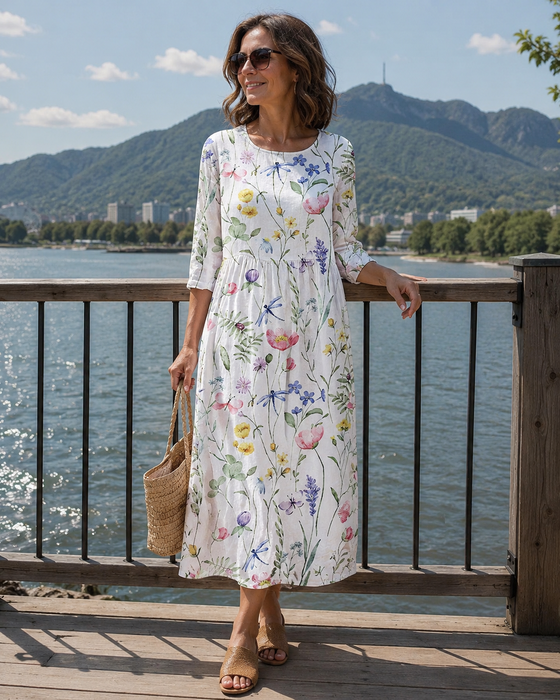 Robe midi femme à imprimé floral avec manches trois-quarts