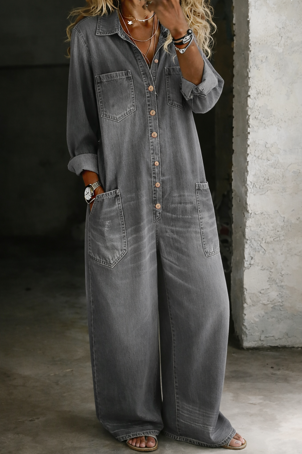 Combinaison Femme Denim Coupe Ample Boutonnée Style Décontracté