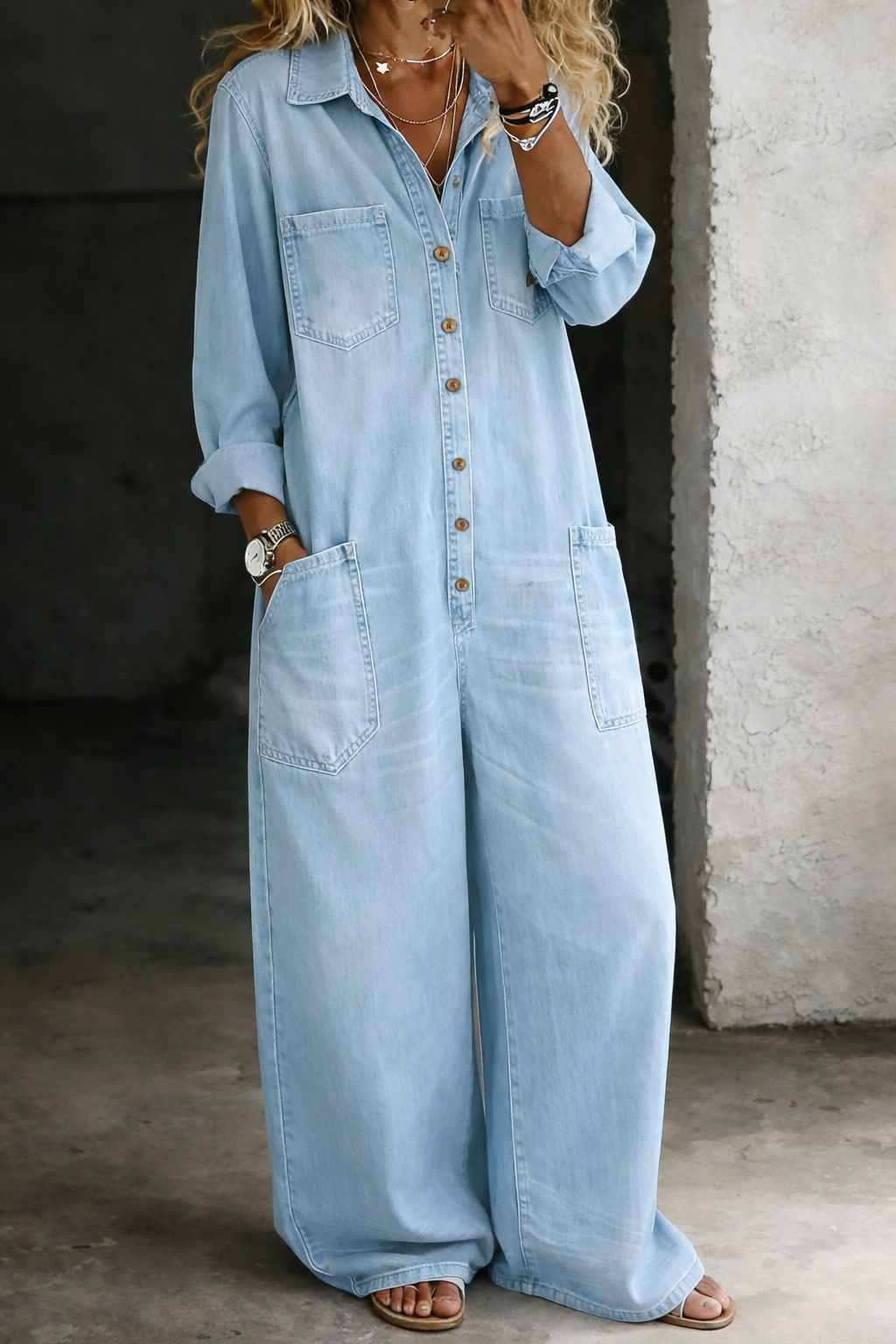 Combinaison Femme Denim Coupe Ample Boutonnée Style Décontracté
