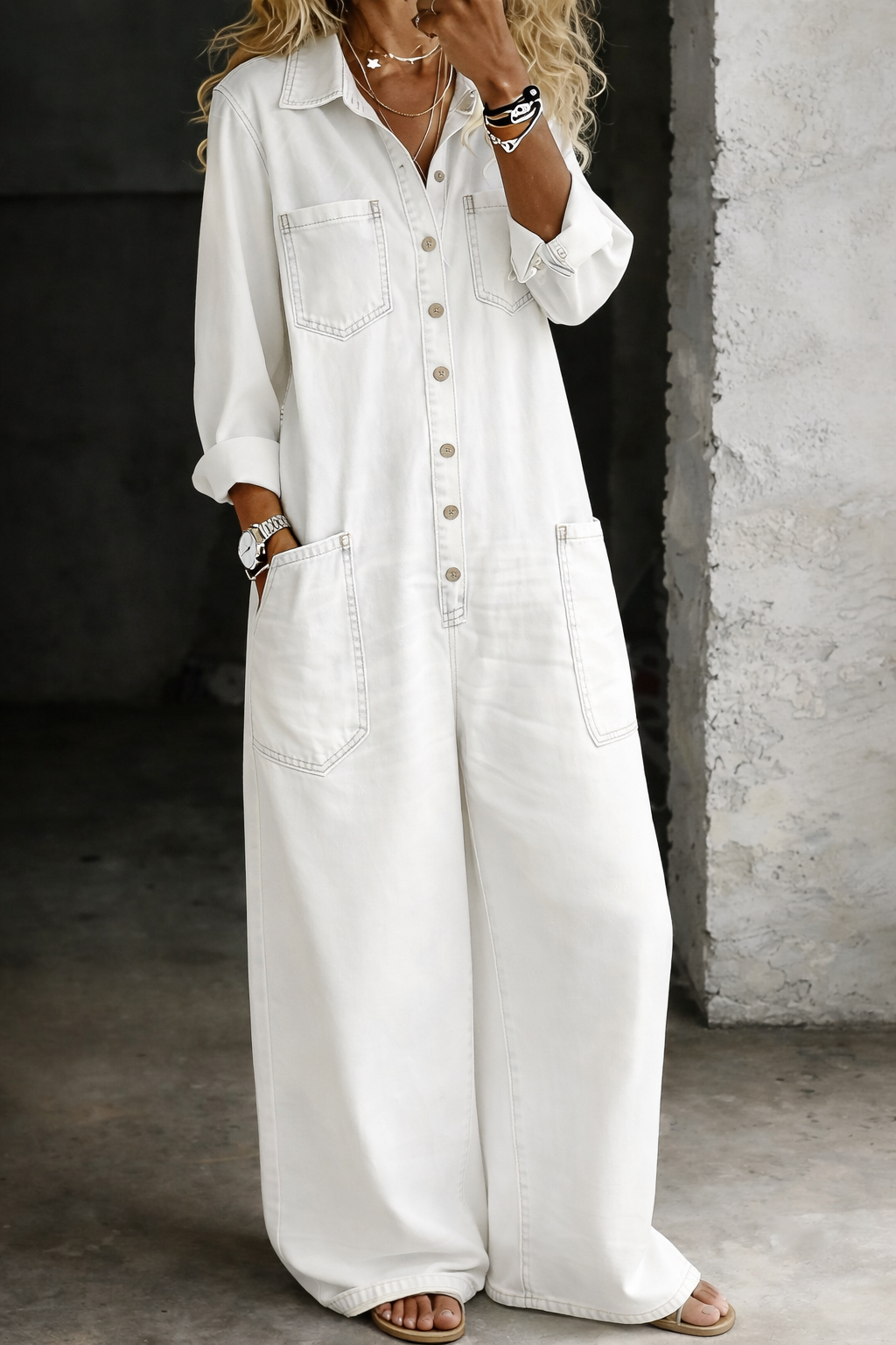 Combinaison Femme Denim Coupe Ample Boutonnée Style Décontracté