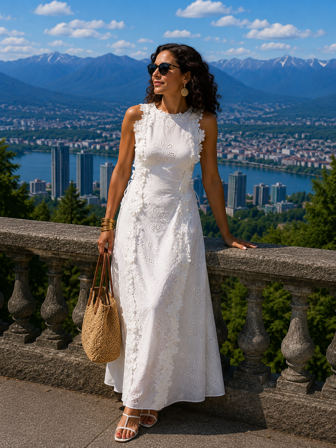Robe maxi femme brodée à fleurs avec dentelle élégante et coupe fluide
