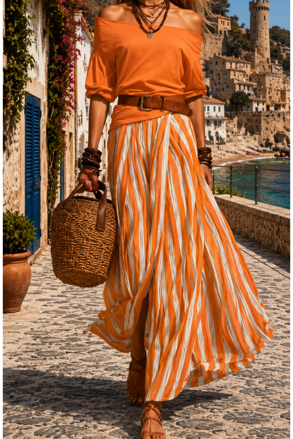 Ensemble femme bohème jaune avec jupe longue rayée