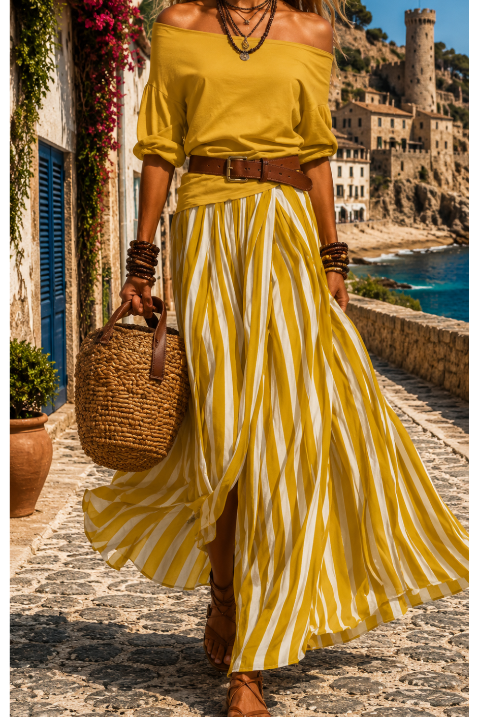 Ensemble femme bohème jaune avec jupe longue rayée