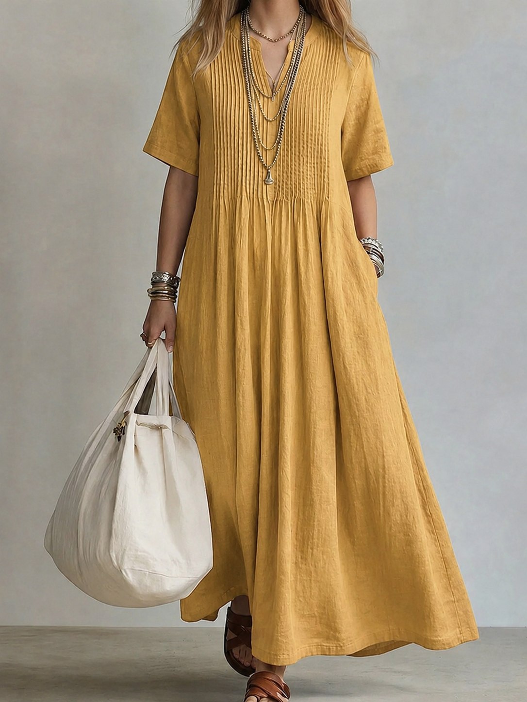 Robe Maxi Fluide en Coton et Lin avec Plis Élégants