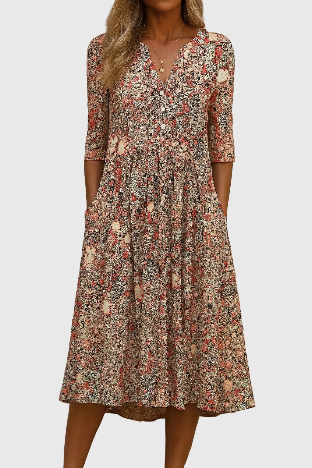 Robe Midi Femme Fluide Imprimée Col V pour Style Élégant et Confort Quotidien