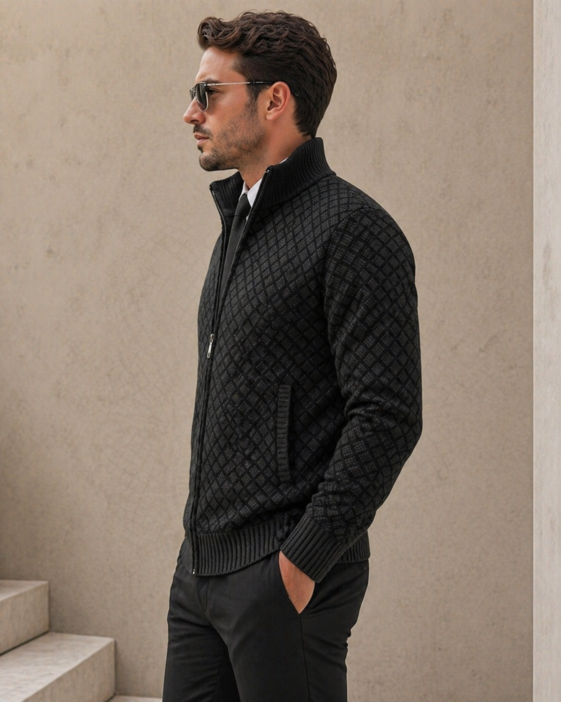 Cardigan Homme Zippé Col Montant Tricot Jacquard Losangé