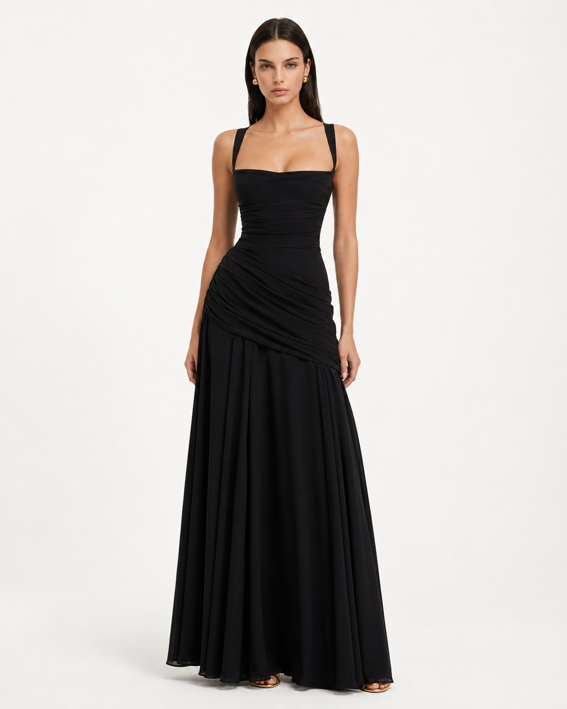 Robe maxi femme col carré froncé avec laçage au dos