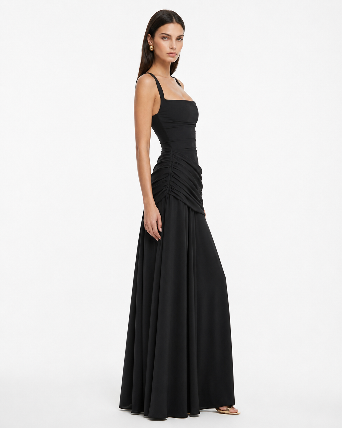Robe maxi femme col carré froncé avec laçage au dos