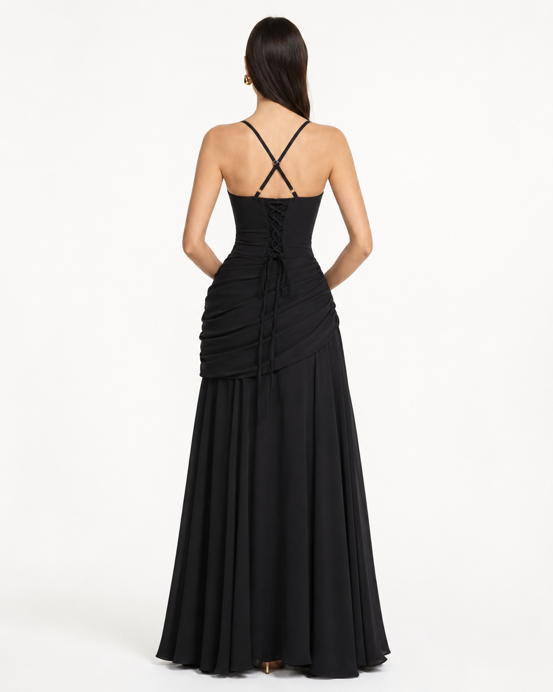 Robe maxi femme col carré froncé avec laçage au dos
