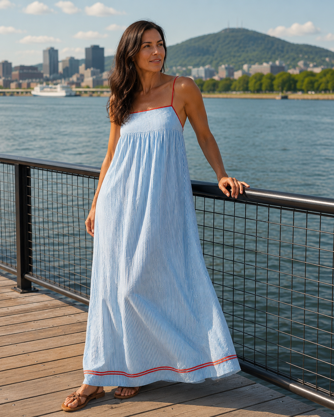 Robe longue femme à fines rayures avec bretelles spaghetti
