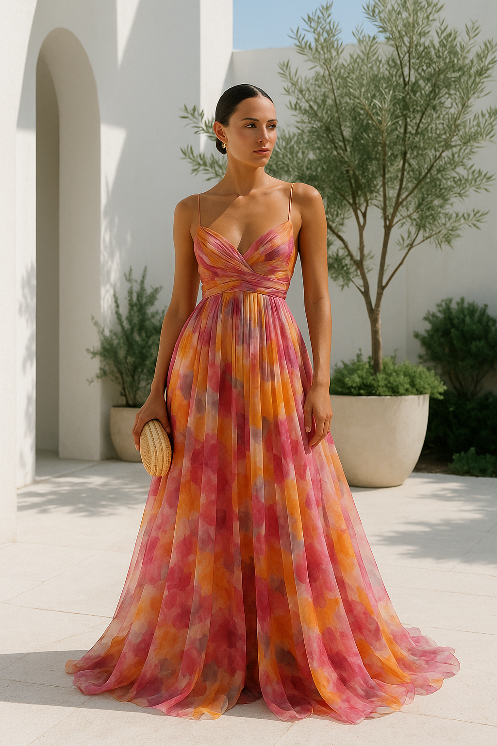 Robe Longue Décolleté V et Jupe Fluide – Motif Multicolore Abstrait