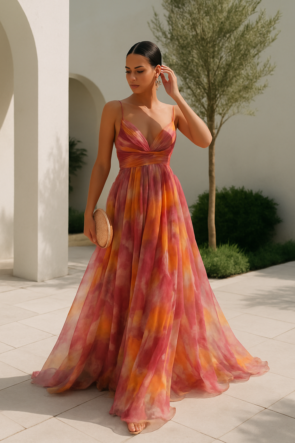 Robe Longue Décolleté V et Jupe Fluide – Motif Multicolore Abstrait