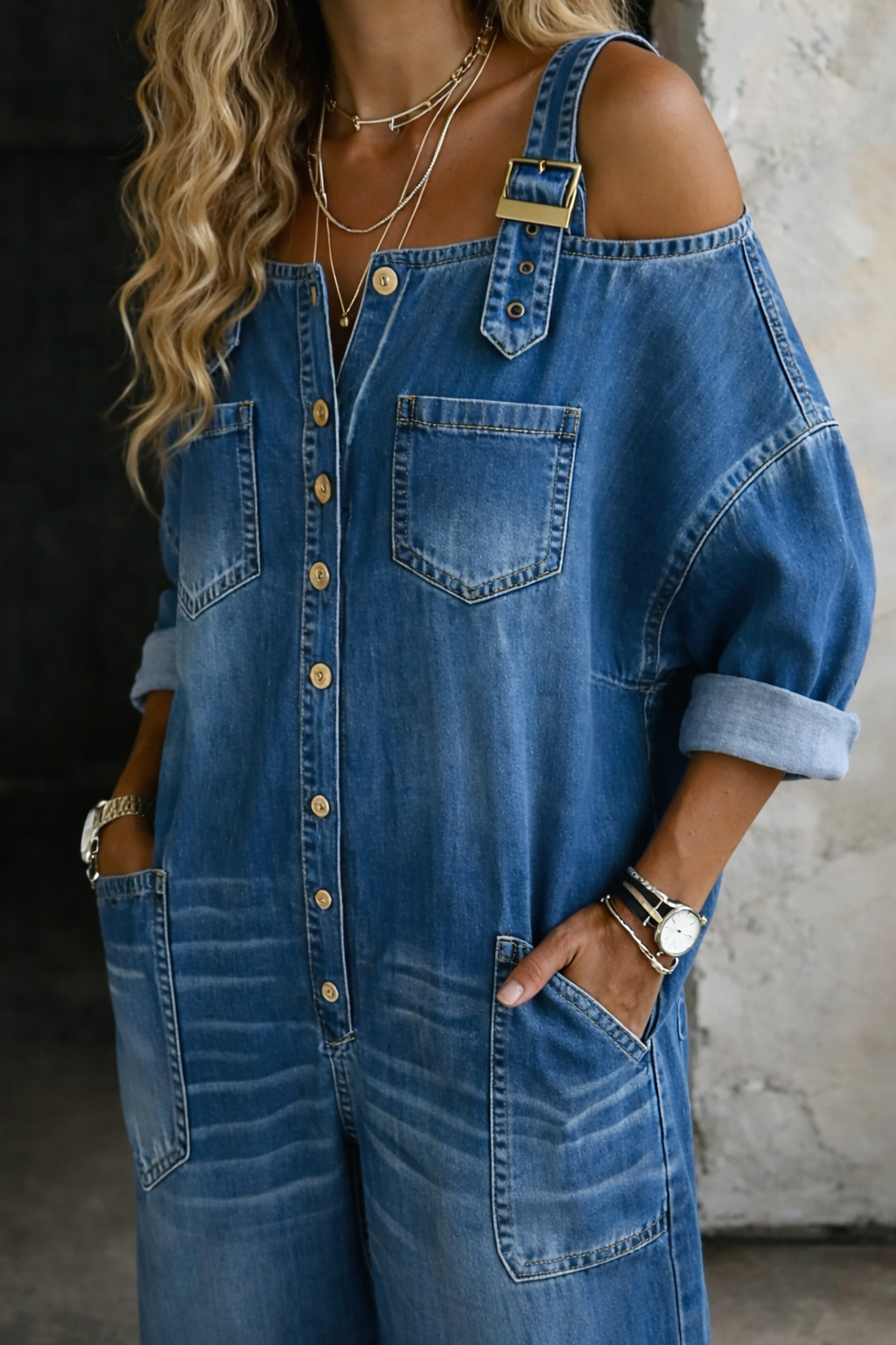 Salopette Femme Denim Épaules Dégagées Coupe Ample Moderne