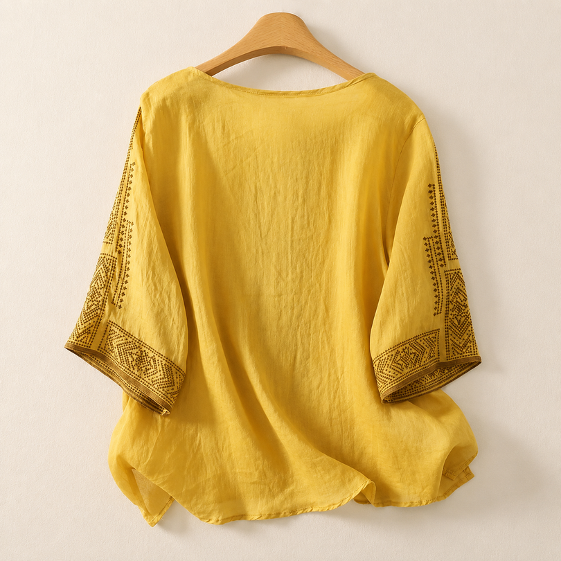 Blouse femme brodée en coton et lin manches trois-quarts