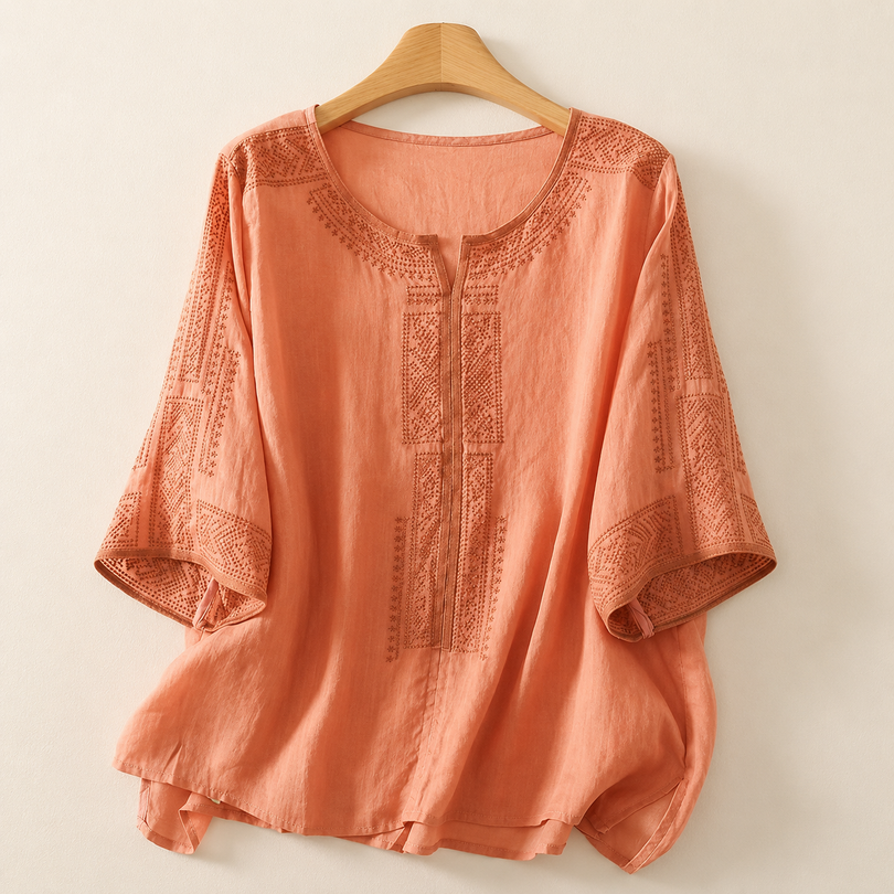 Blouse femme brodée en coton et lin manches trois-quarts