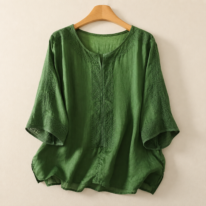 Blouse femme brodée en coton et lin manches trois-quarts