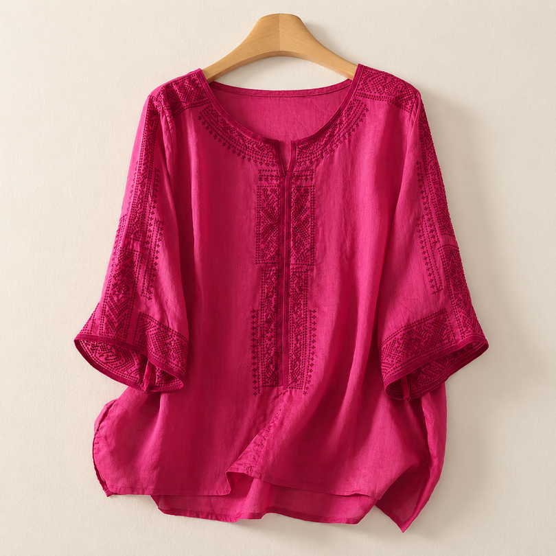 Blouse femme brodée en coton et lin manches trois-quarts