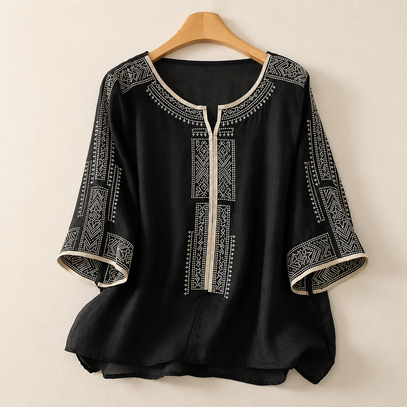 Blouse femme brodée en coton et lin manches trois-quarts