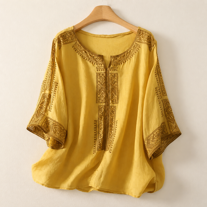 Blouse femme brodée en coton et lin manches trois-quarts