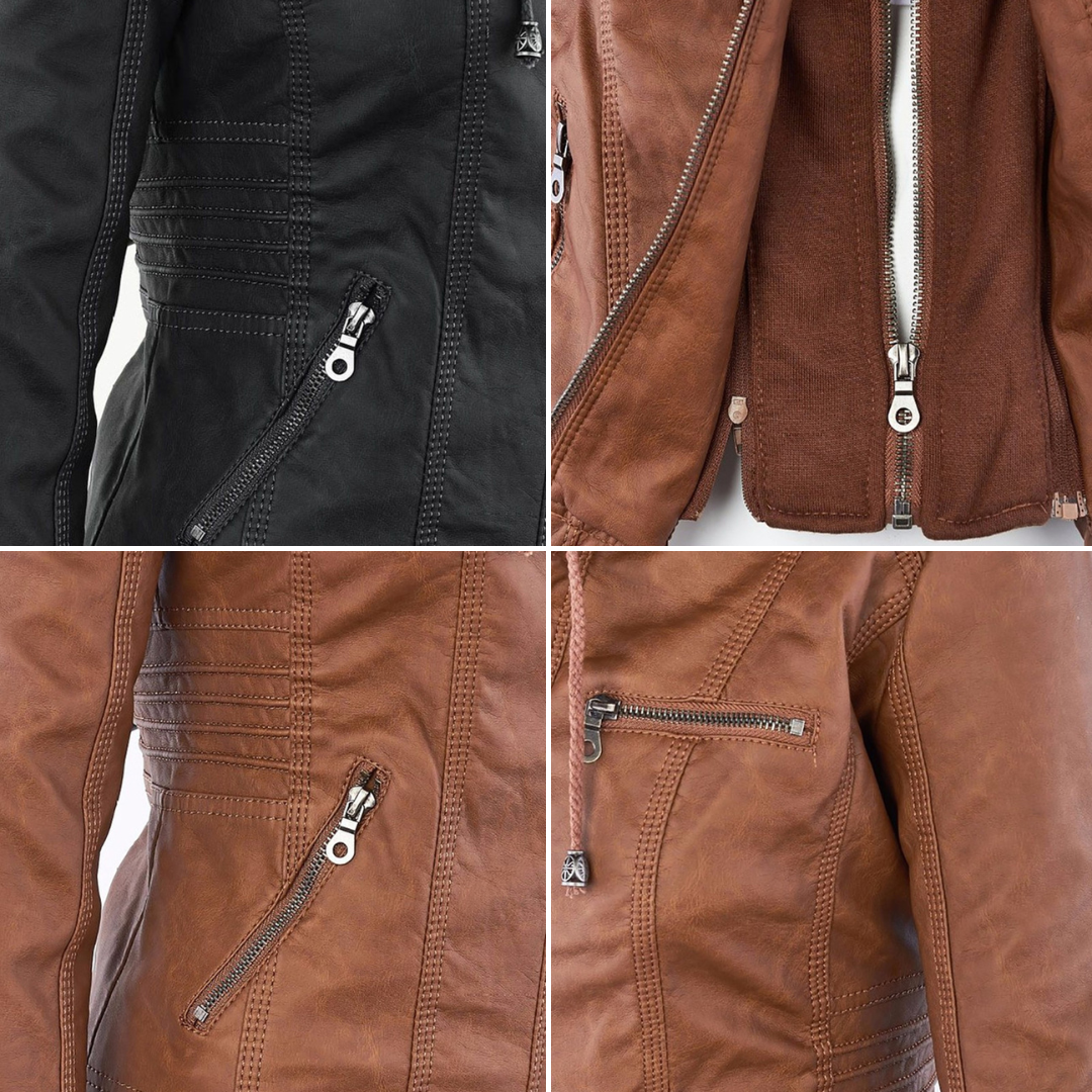 Veste femme en similicuir à capuche et fermeture zippée