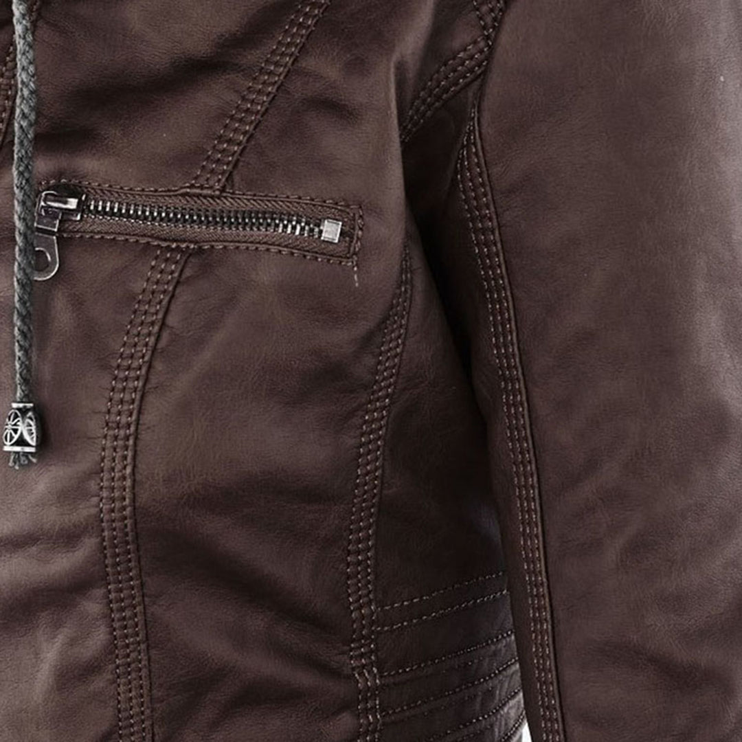 Veste femme en similicuir à capuche et fermeture zippée